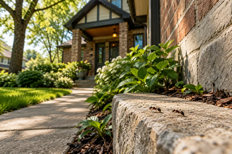 Two ants on a stone garden edge beside a wall