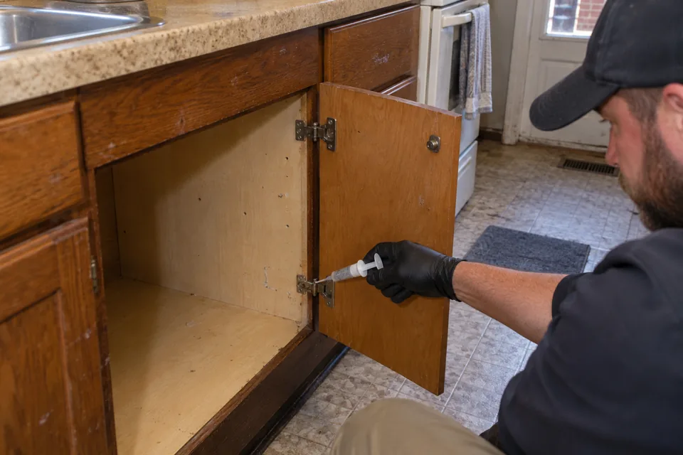 Technician applying gel bait inside a kitchen cabinet, cockroach control in Madison, Wisconsin