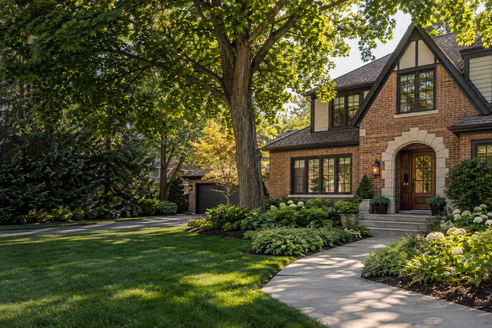 Pest Control in Madison website cover with Midwestern brick and timber house with a front garden, concrete path and mature maple tree