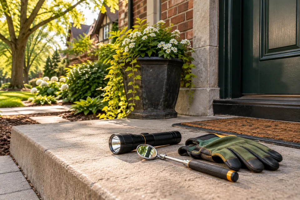 Pest inspection flashlight, mirror and gloves at a door threshold