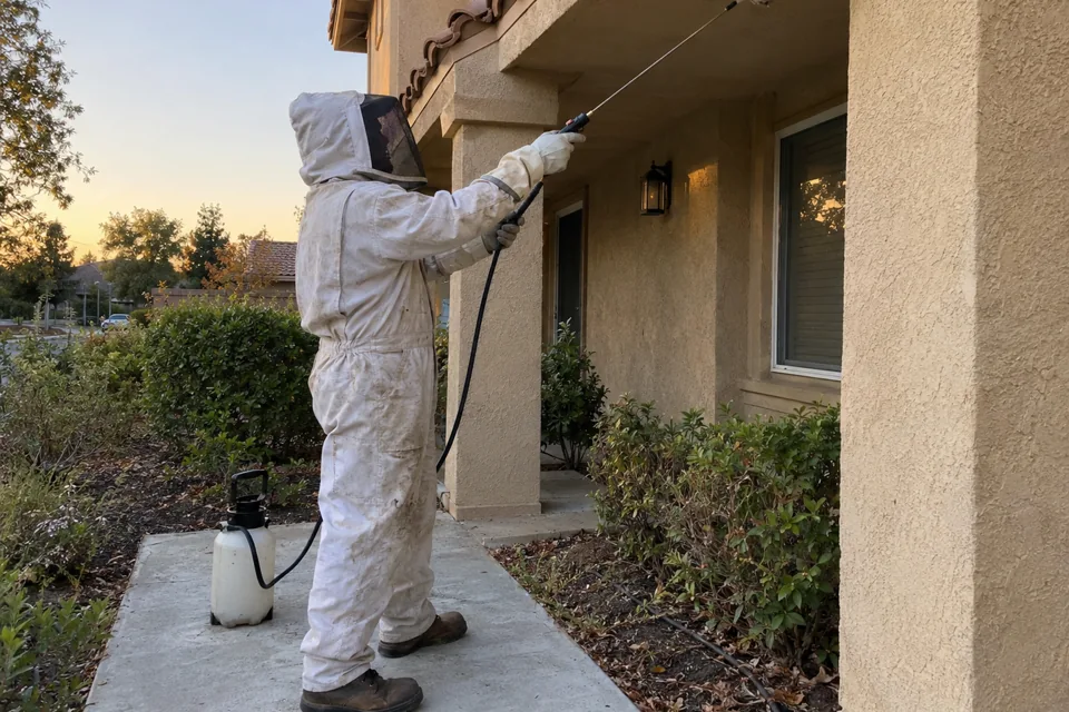 Technician in a bee suit treating an eave with a pole sprayer, spider control in Madison, Wisconsin